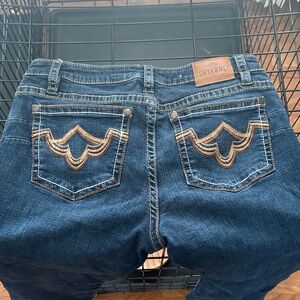 Shyanne Women's Dark Blue Boot Cut Jeans with Tan Stitching